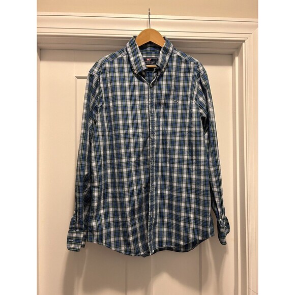Vineyard Vines Classic Murray Shirt Mens Large Blue Green Pine Plaid 100% Cotton - Picture 1 of 4
